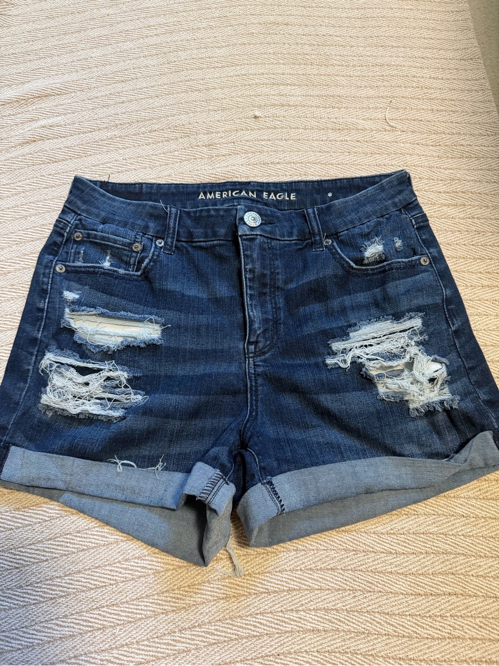 American Eagle Outfitters Dark Blue Distressed Rolled Cuff Jean Shorts